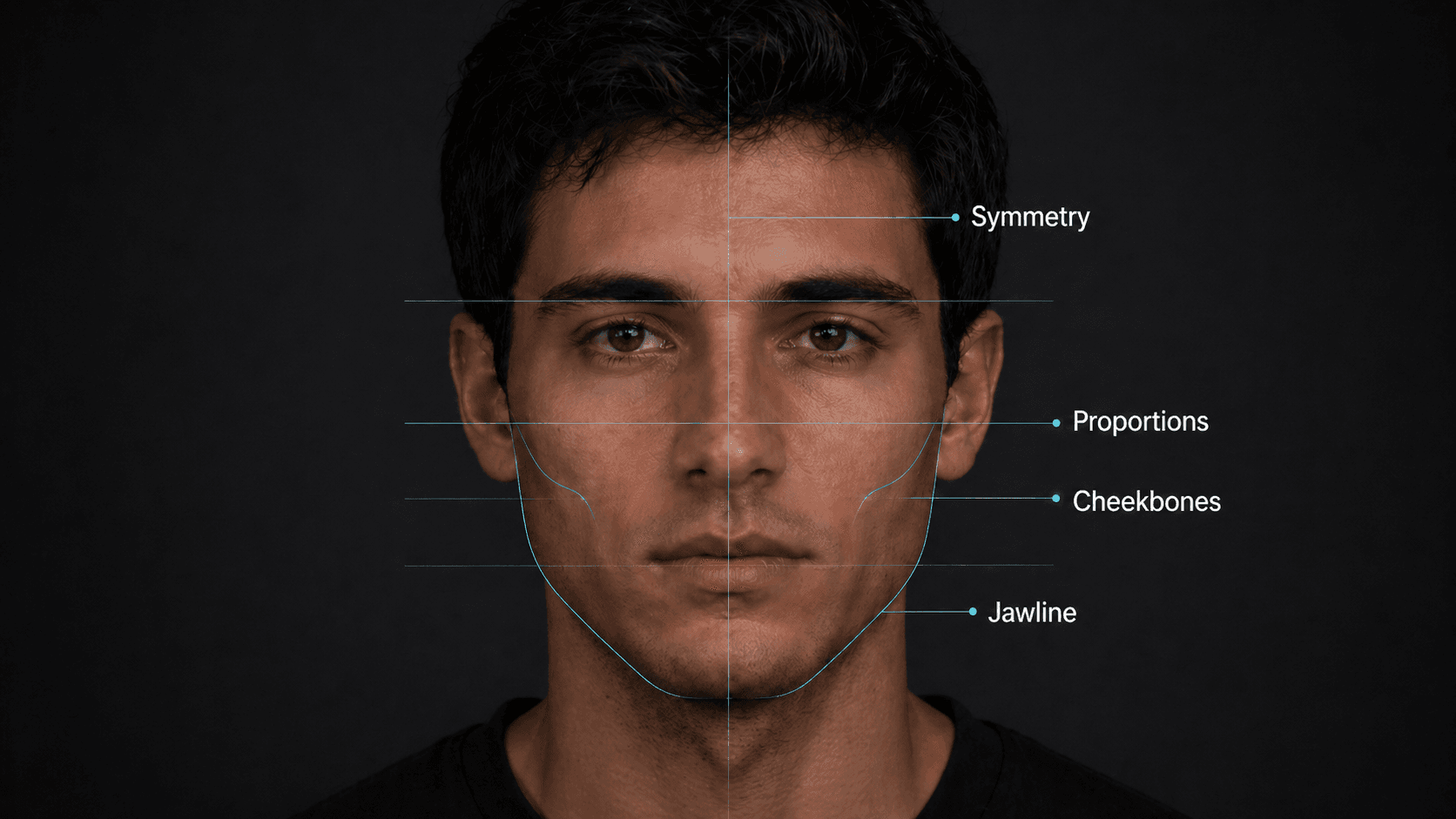 Facial analysis overlay highlighting symmetry, proportions, and jawline structure