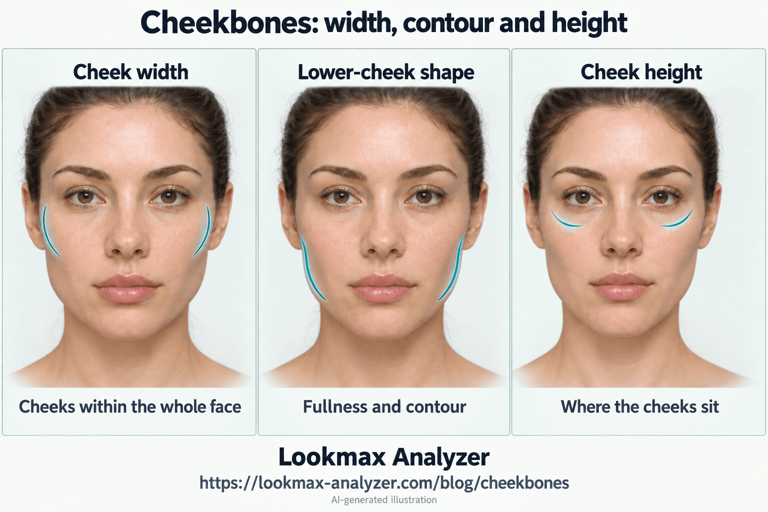 Three AI-generated portraits illustrating cheek width, lower-cheek shape and cheek height