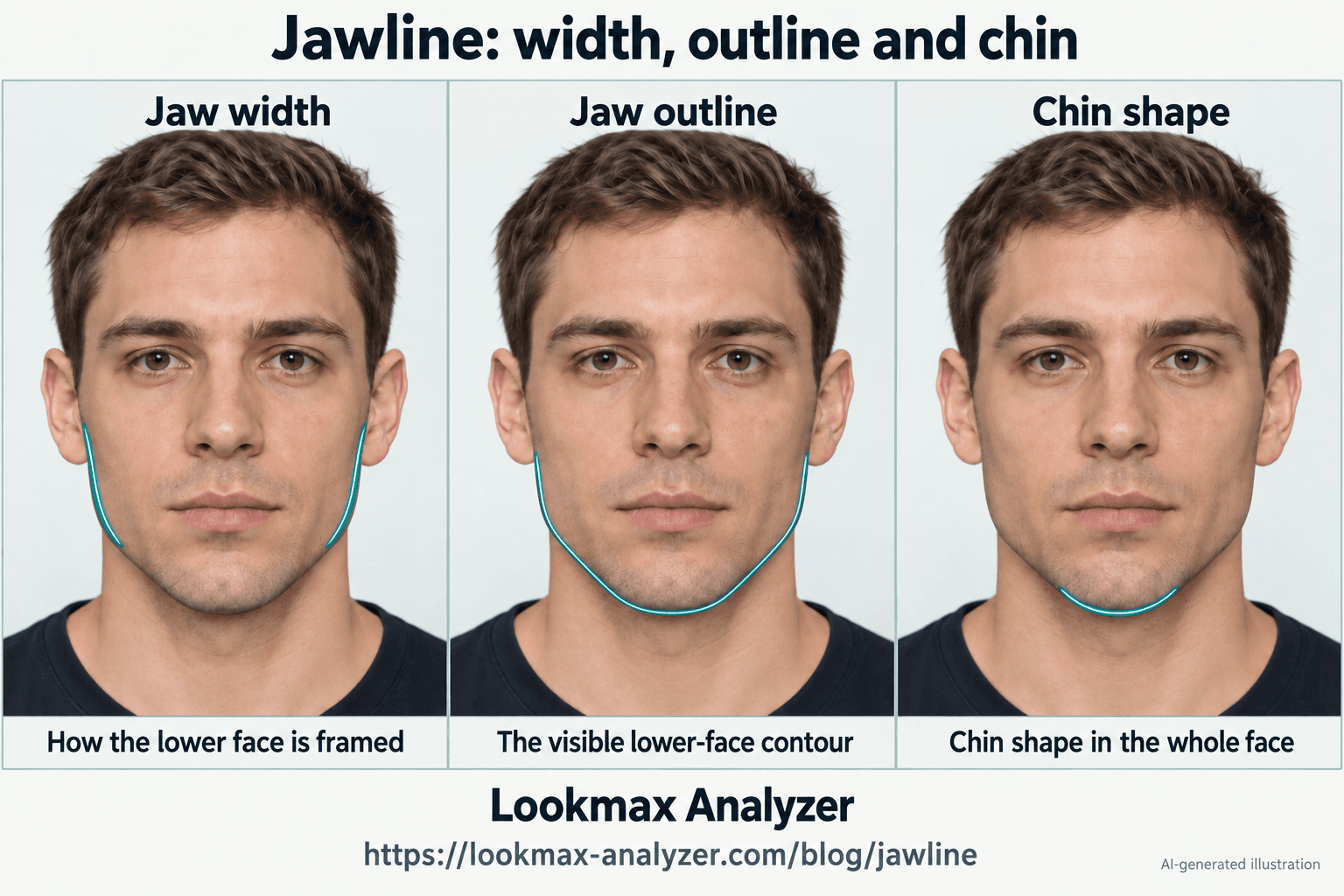 Three AI-generated portraits illustrating jaw width, the lower-face outline and chin shape