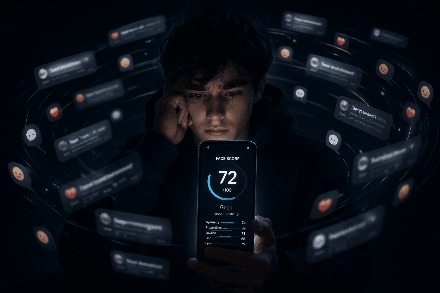 Person looking at a posted face score while negative comments appear on screen