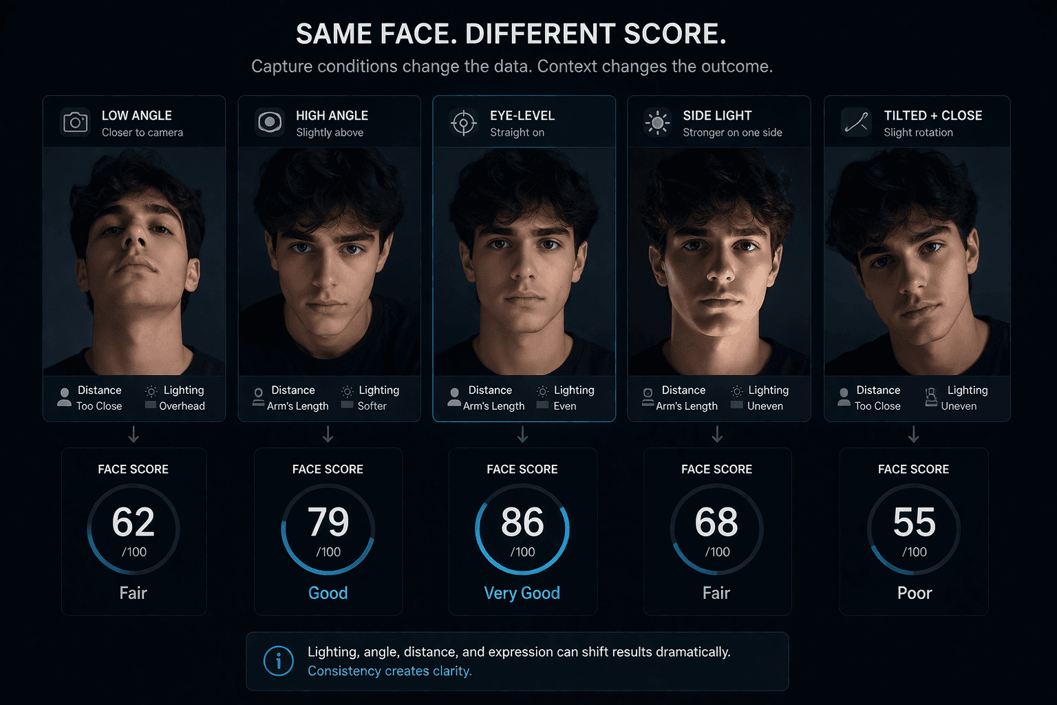 Side-by-side comparison of the same person under different angle and lighting conditions