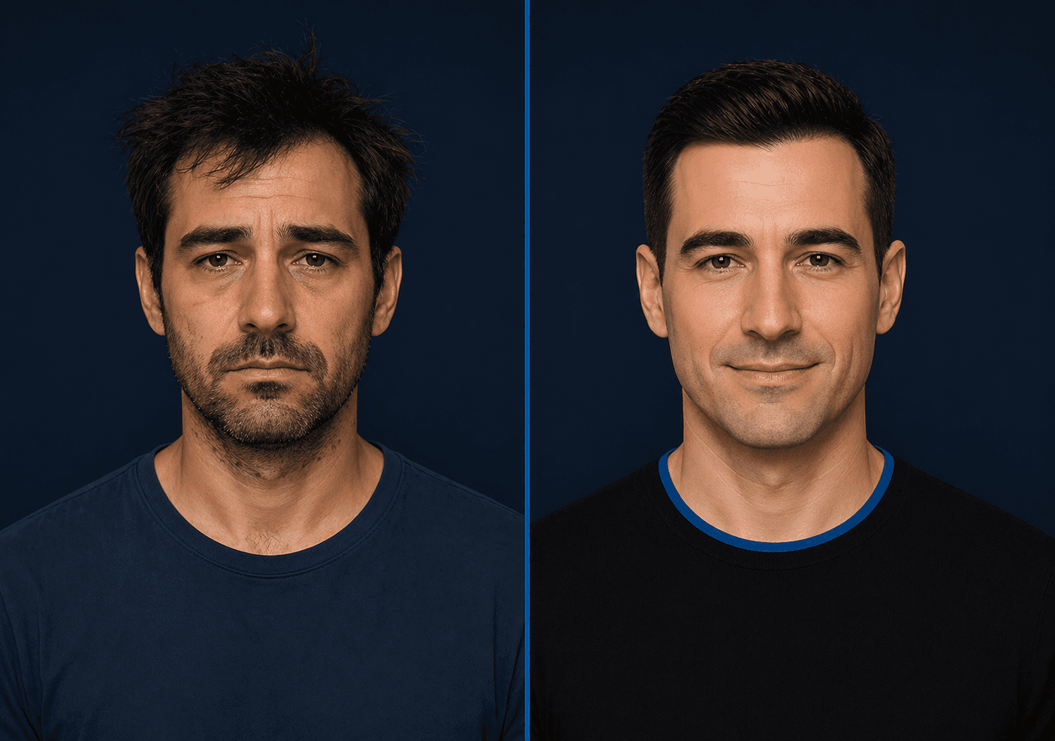 Two portraits: left unoptimized, right optimized via grooming, lighting, posture, and expression.