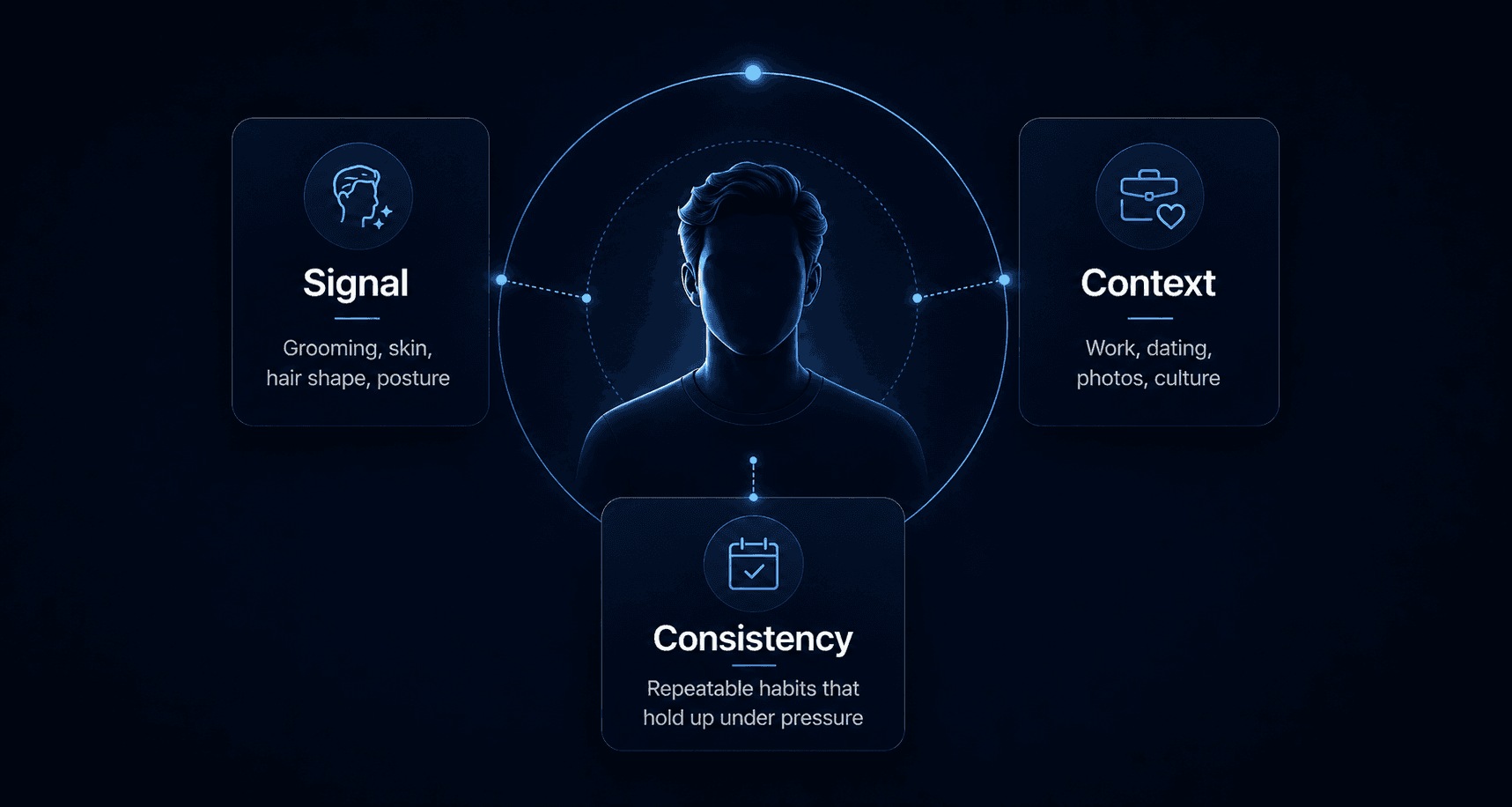 Diagram showing how appearance is shaped by three connected factors: signal, context, and consistency, with a central person silhouette linked to each factor.