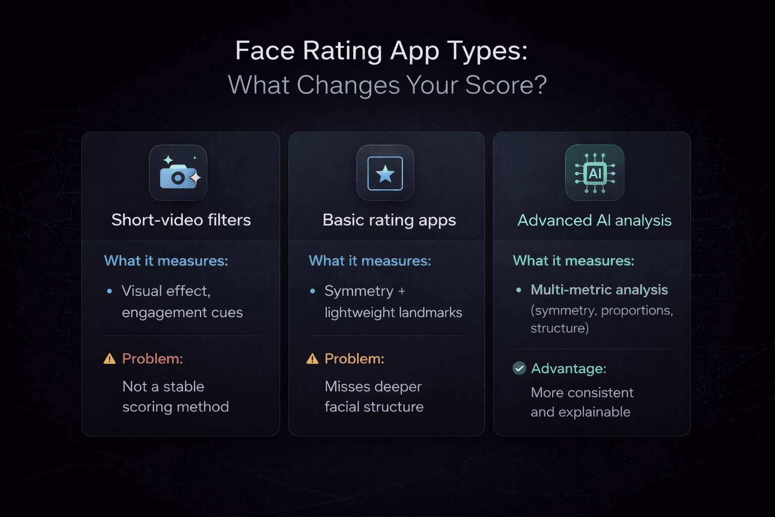 Comparison chart of TikTok filters, simple rating apps, and advanced AI facial analysis
