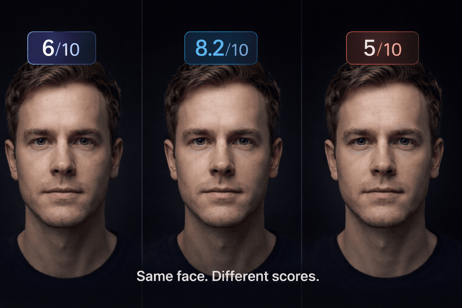 The same face photo receiving different scores across three face rating apps