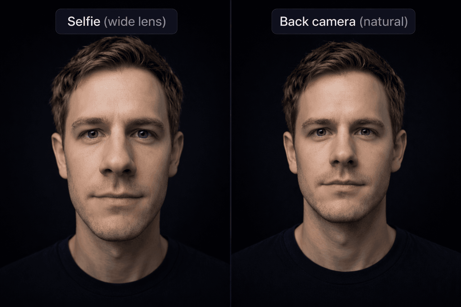 Comparison of selfie camera versus back camera showing facial proportion distortion