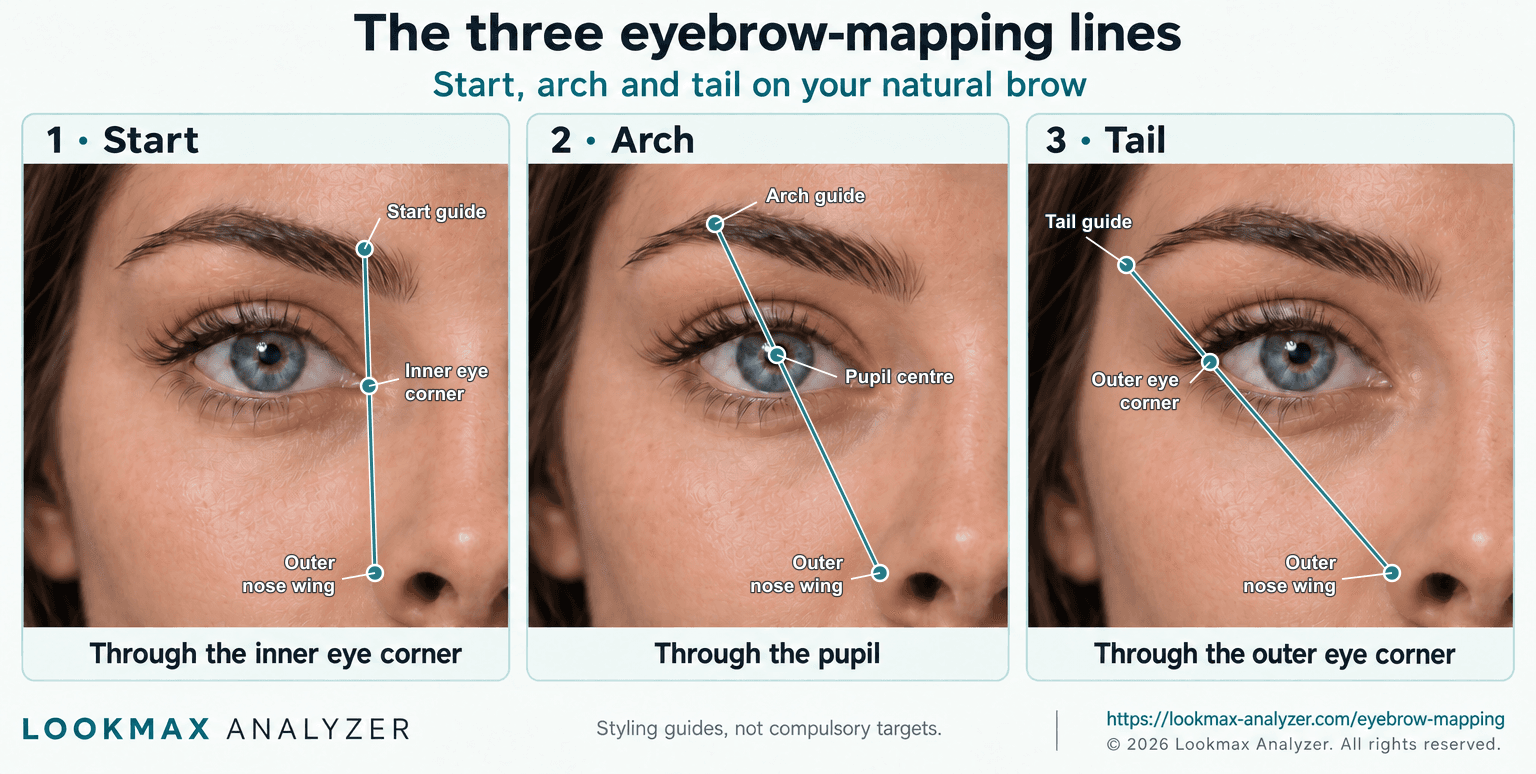 Three realistic illustrated eye-and-brow closeups show outer-nose-wing start, arch and tail guides through the inner eye corner, pupil and outer eye corner.