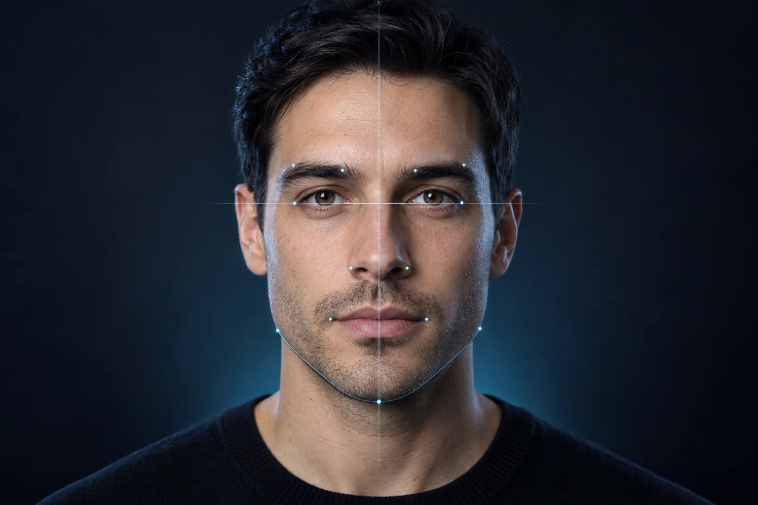 Natural front-facing portrait with facial symmetry centerline, eye-level guide, and jaw landmarks