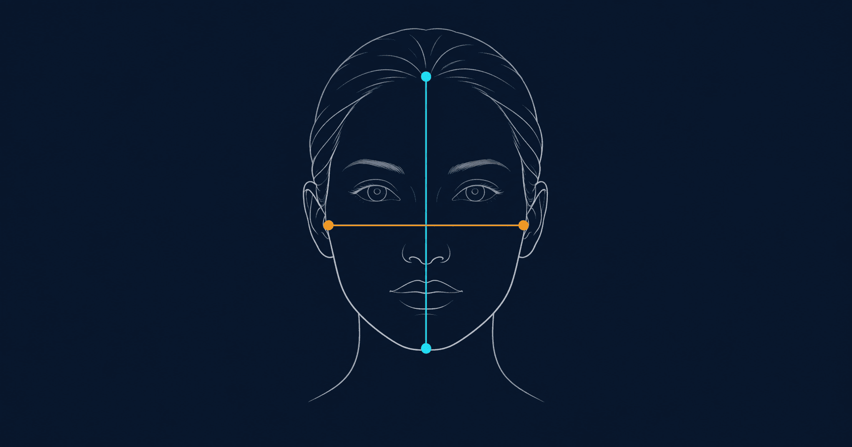 Illustrated front-facing face with a cyan line showing face height and an amber line showing cheekbone width