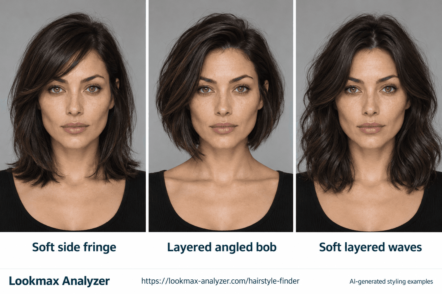 Diamond face-shape hairstyle guide: one fictional woman with Soft side fringe, Layered angled bob, Soft layered waves. Cheekbones form the widest point, with a narrower forehead and tapered jaw.