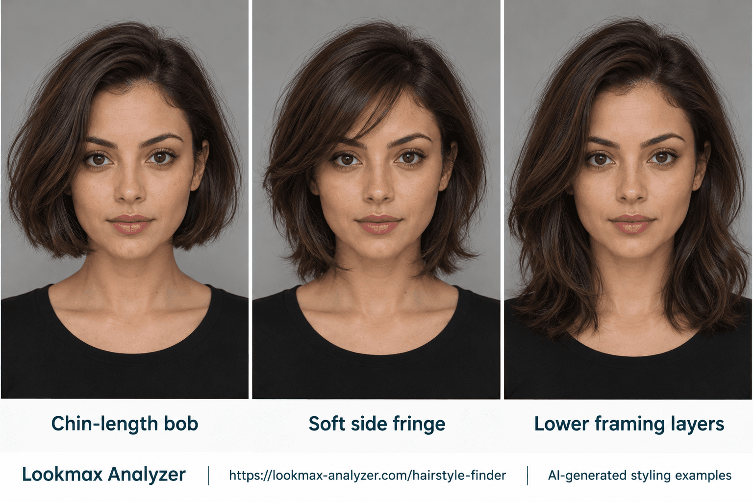 Heart face-shape hairstyle guide: one fictional woman with Chin-length bob, Soft side fringe, Lower framing layers. A wider forehead that narrows through the cheeks toward a small tapered chin.