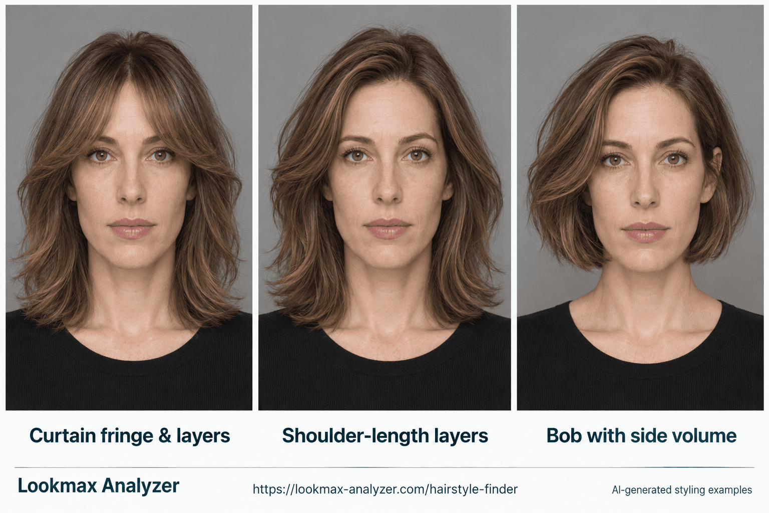 Oblong face-shape hairstyle guide: one fictional woman with Curtain fringe & layers, Shoulder-length layers, Bob with side volume. A noticeably long, narrow outline, with similar forehead, cheek and jaw widths.