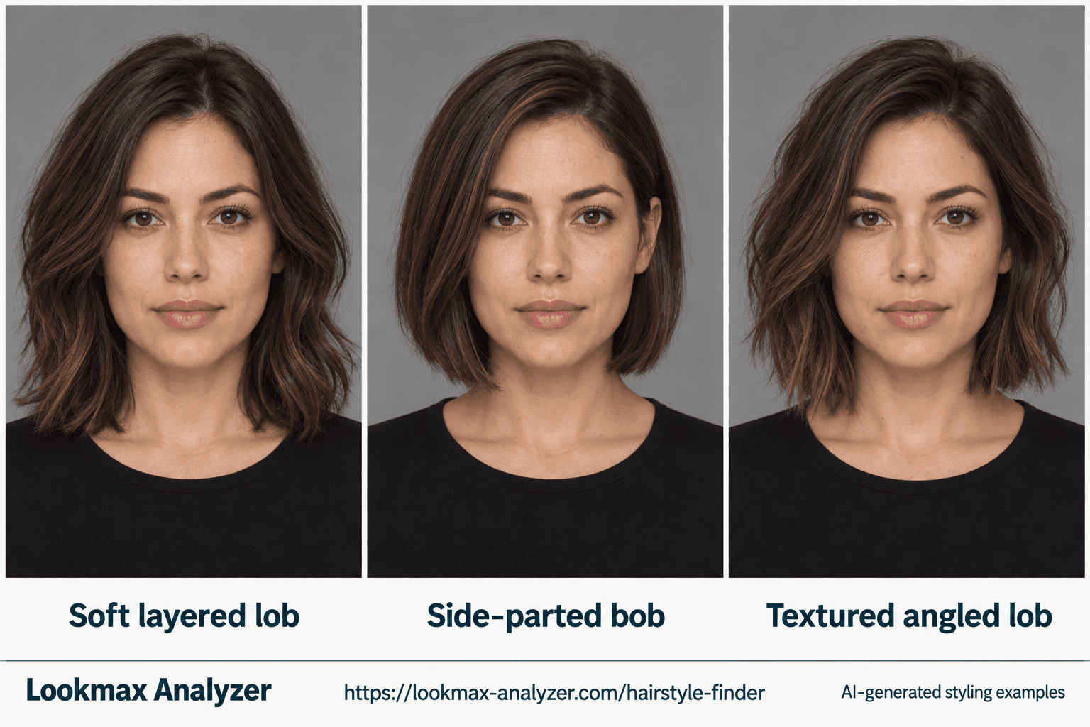 Oval face-shape hairstyle guide: one fictional woman with Soft layered lob, Side-parted bob, Textured angled lob. A gently rounded outline, slightly longer than wide, with a softly tapered jaw.