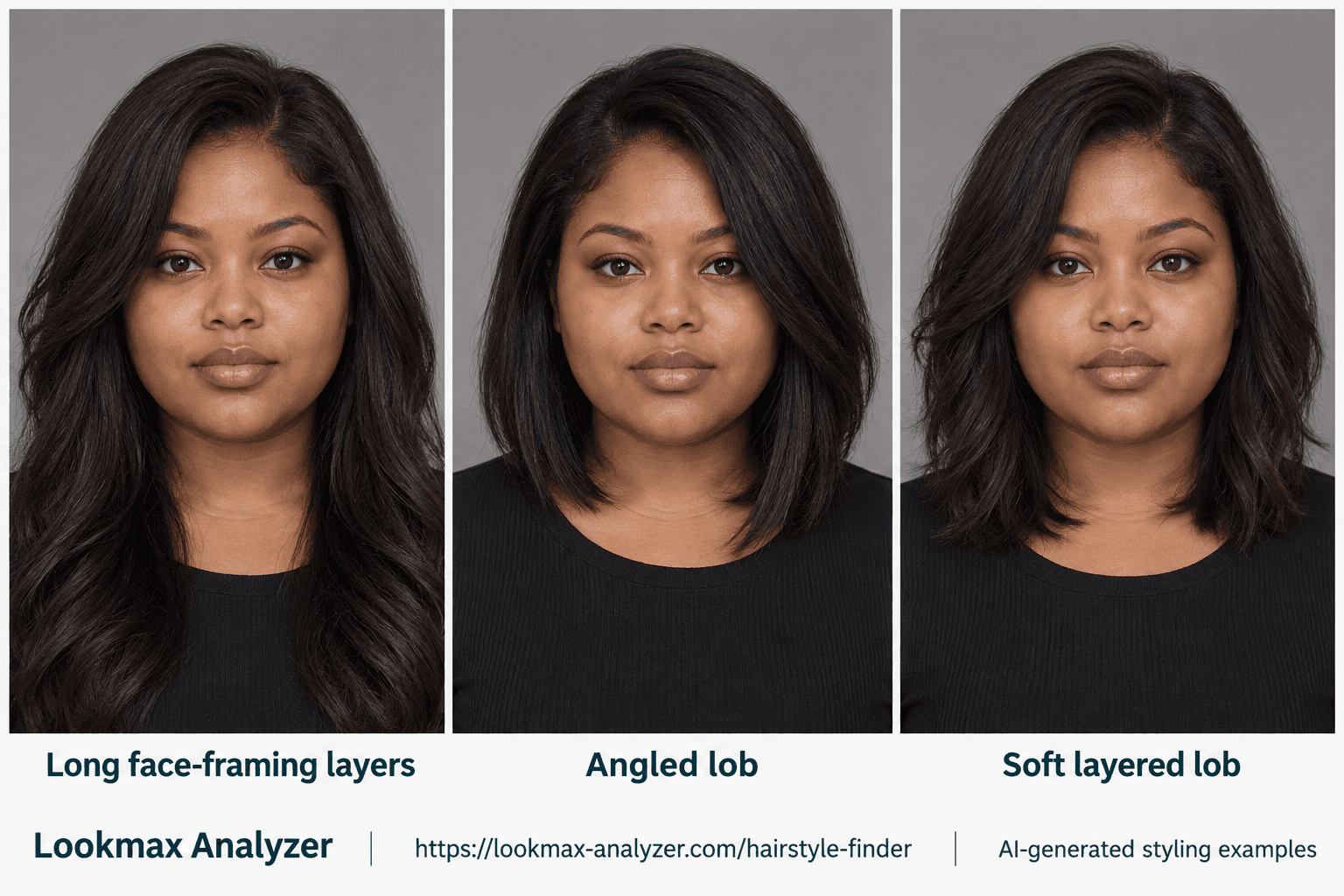 Round face-shape hairstyle guide: one fictional woman with Long face-framing layers, Angled lob, Soft layered lob. A compact outline with full curved cheeks and a softly rounded chin.