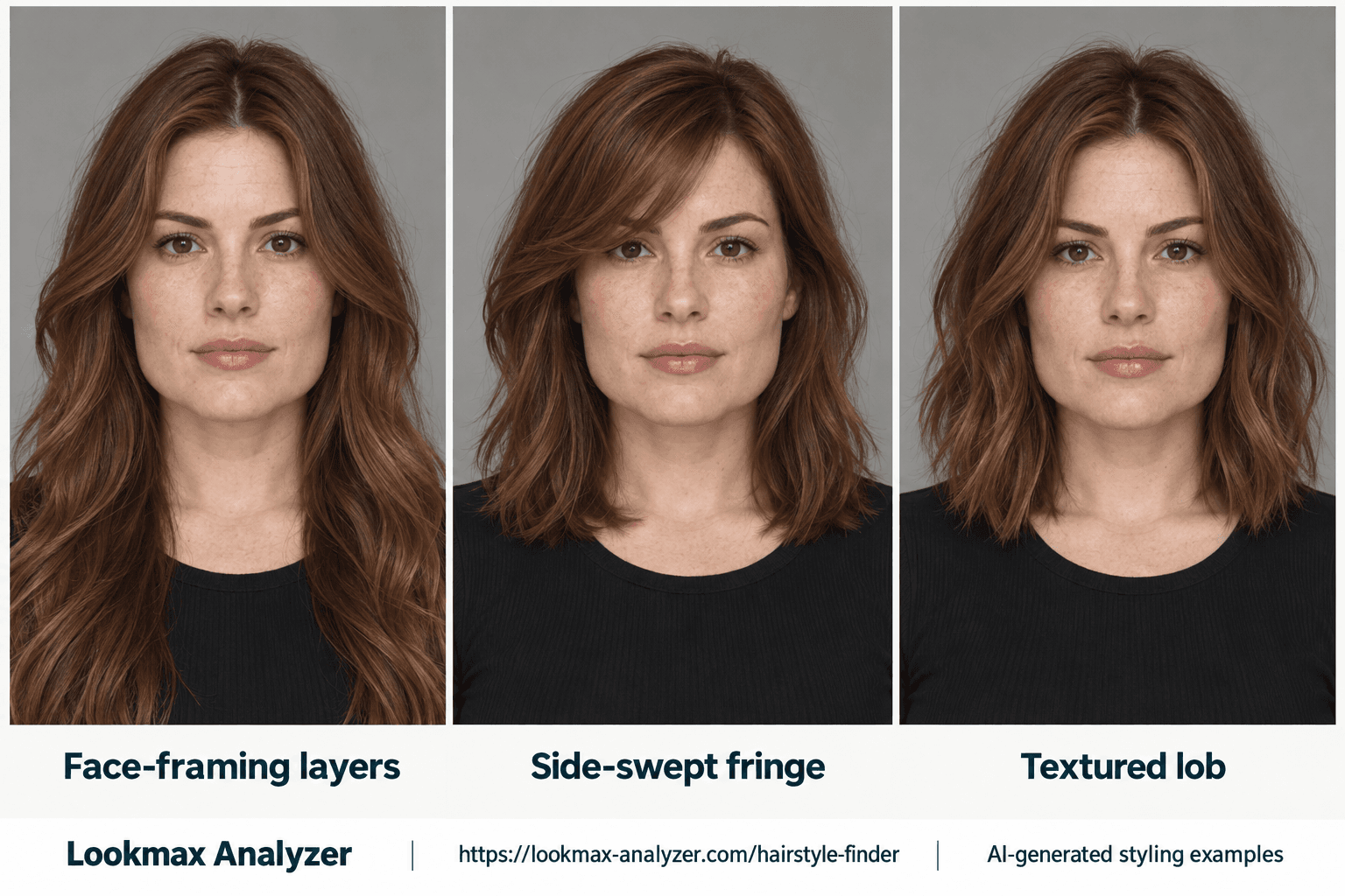 Square face-shape hairstyle guide: one fictional woman with Face-framing layers, Side-swept fringe, Textured lob. A broad angular jaw, with forehead, cheek and jaw widths close to one another.