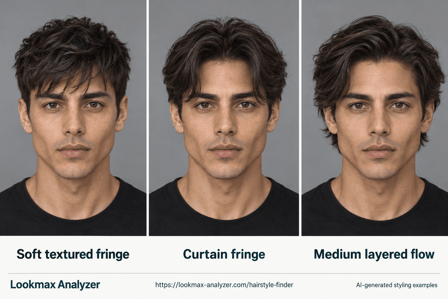 Diamond face-shape hairstyle guide: one fictional man with Soft textured fringe, Curtain fringe, Medium layered flow. Cheekbones form the widest point, with a narrower forehead and tapered jaw.