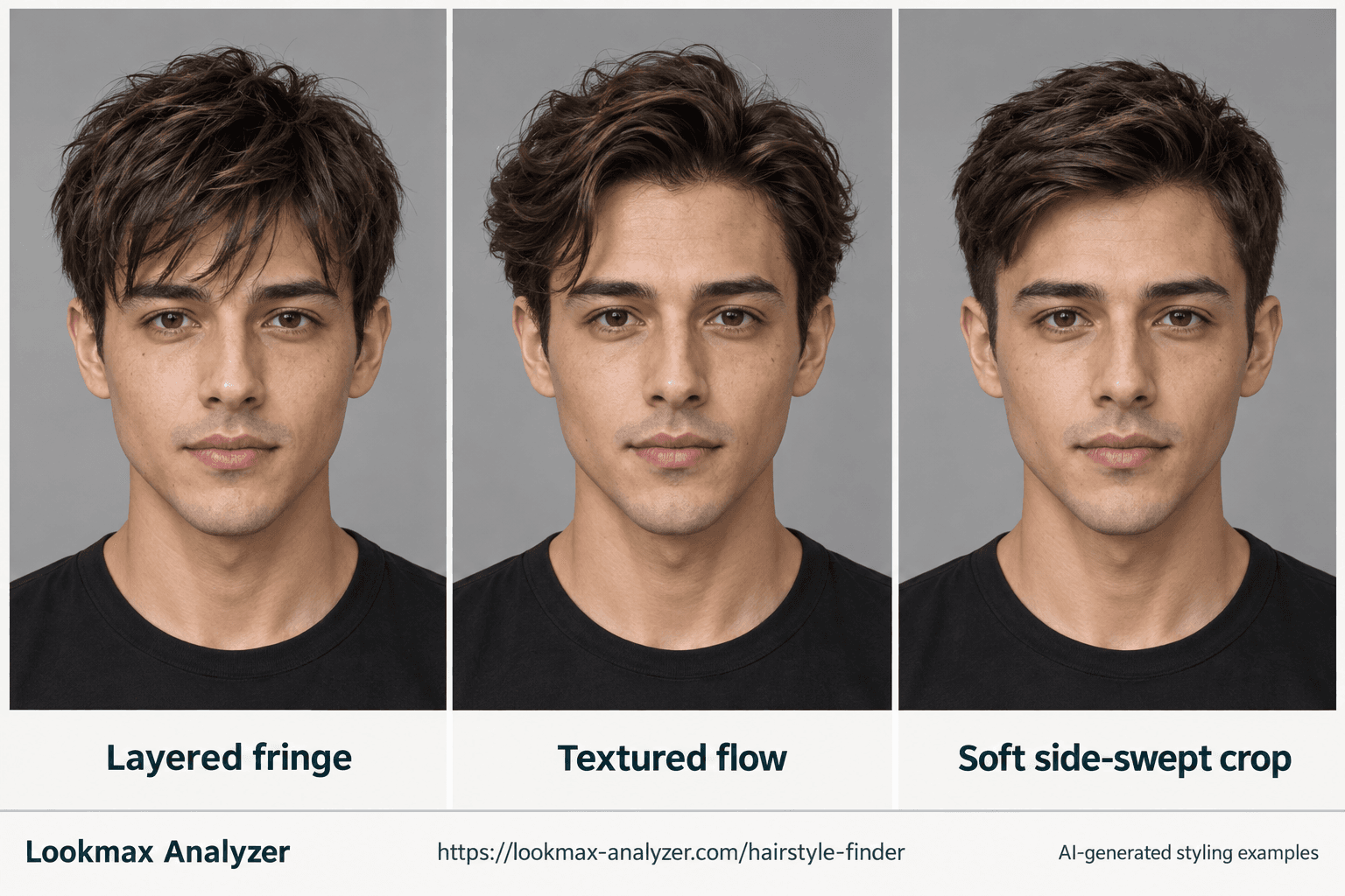 Heart face-shape hairstyle guide: one fictional man with Layered fringe, Textured flow, Soft side-swept crop. A wider forehead that narrows through the cheeks toward a small tapered chin.