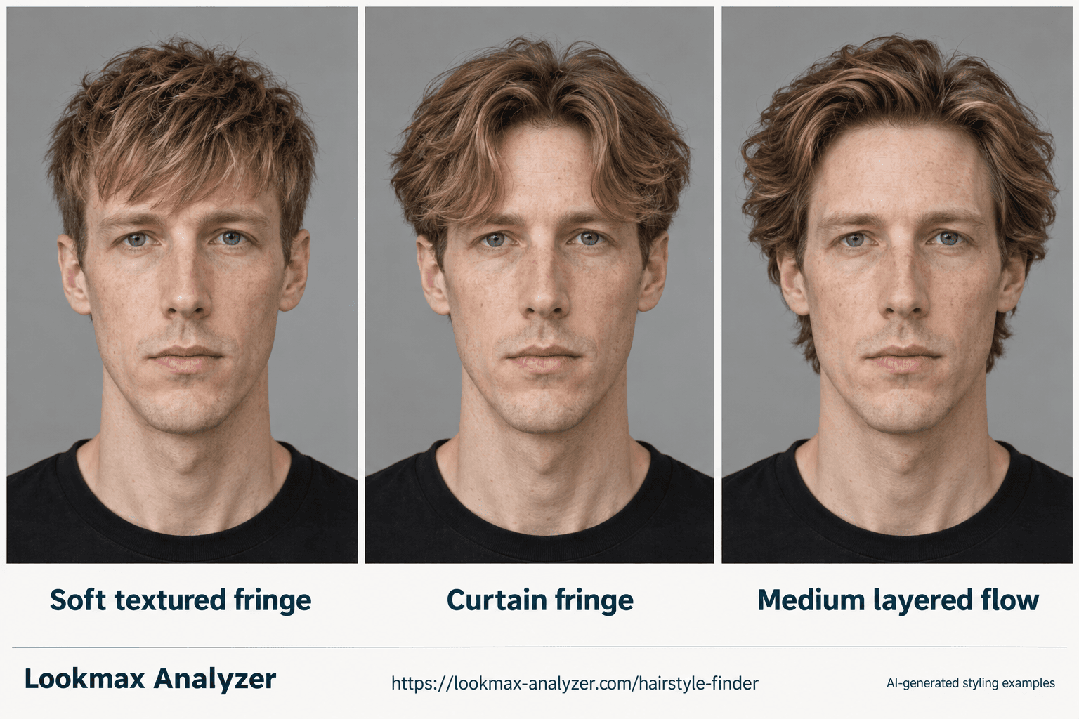 Oblong face-shape hairstyle guide: one fictional man with Soft textured fringe, Curtain fringe, Medium layered flow. A noticeably long, narrow outline, with similar forehead, cheek and jaw widths.