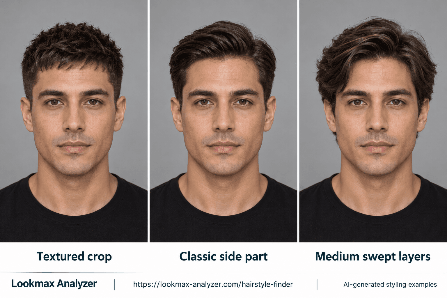 Oval face-shape hairstyle guide: one fictional man with Textured crop, Classic side part, Medium swept layers. A gently rounded outline, slightly longer than wide, with a softly tapered jaw.