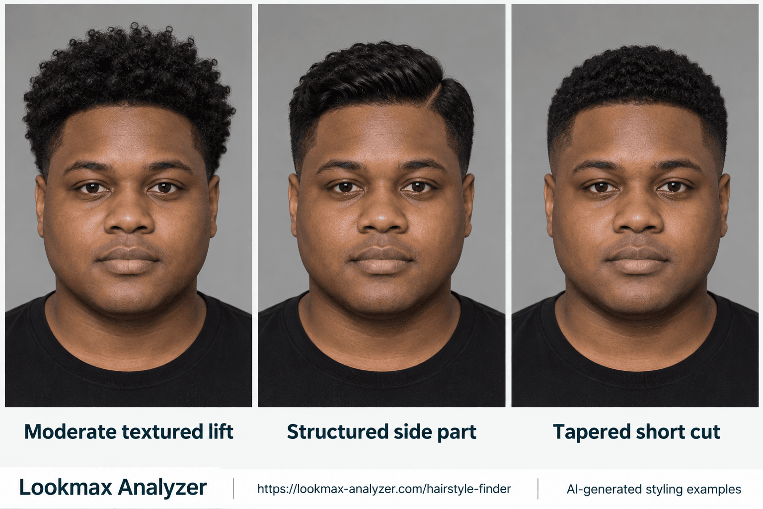 Round face-shape hairstyle guide: one fictional man with Moderate textured lift, Structured side part, Tapered short cut. A compact outline with full curved cheeks and a softly rounded chin.