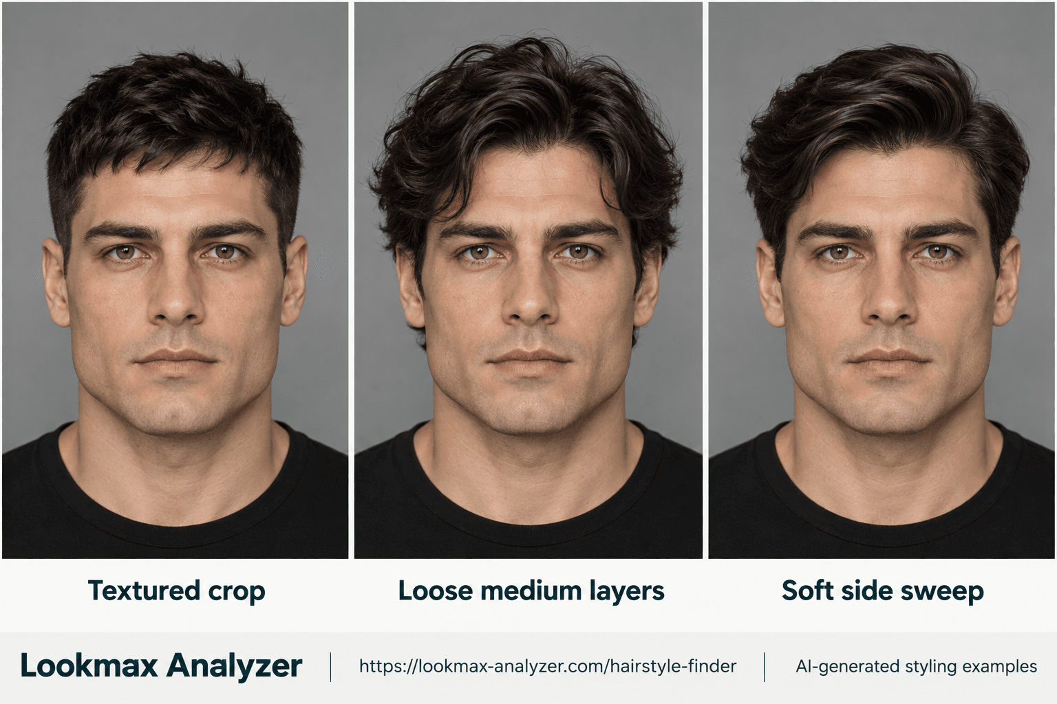 Square face-shape hairstyle guide: one fictional man with Textured crop, Loose medium layers, Soft side sweep. A broad angular jaw, with forehead, cheek and jaw widths close to one another.
