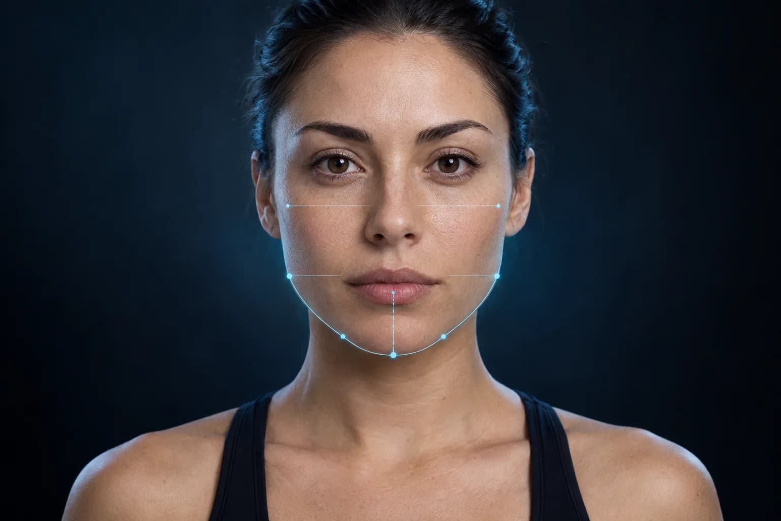 Natural front-facing portrait with jaw contour, jaw-width guides, and chin landmarks