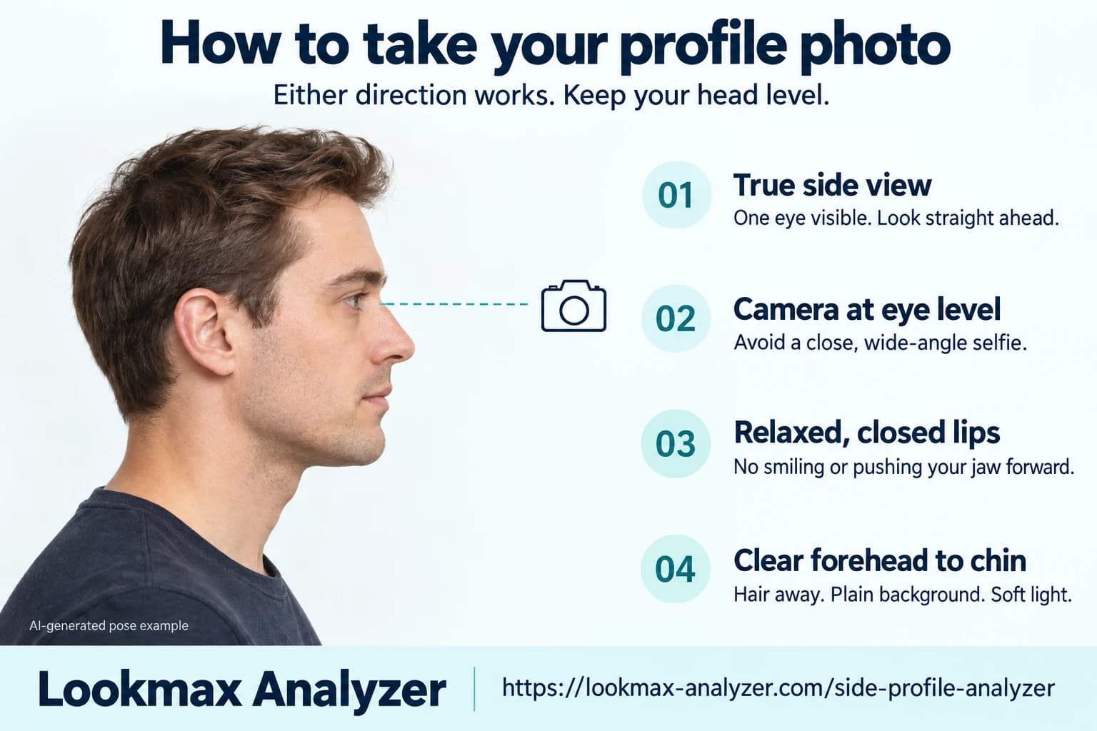 Side-profile photo guide: turn fully sideways, keep the camera at eye level, close your lips naturally, and leave your forehead, nose and chin visible against a plain background. Either direction works.