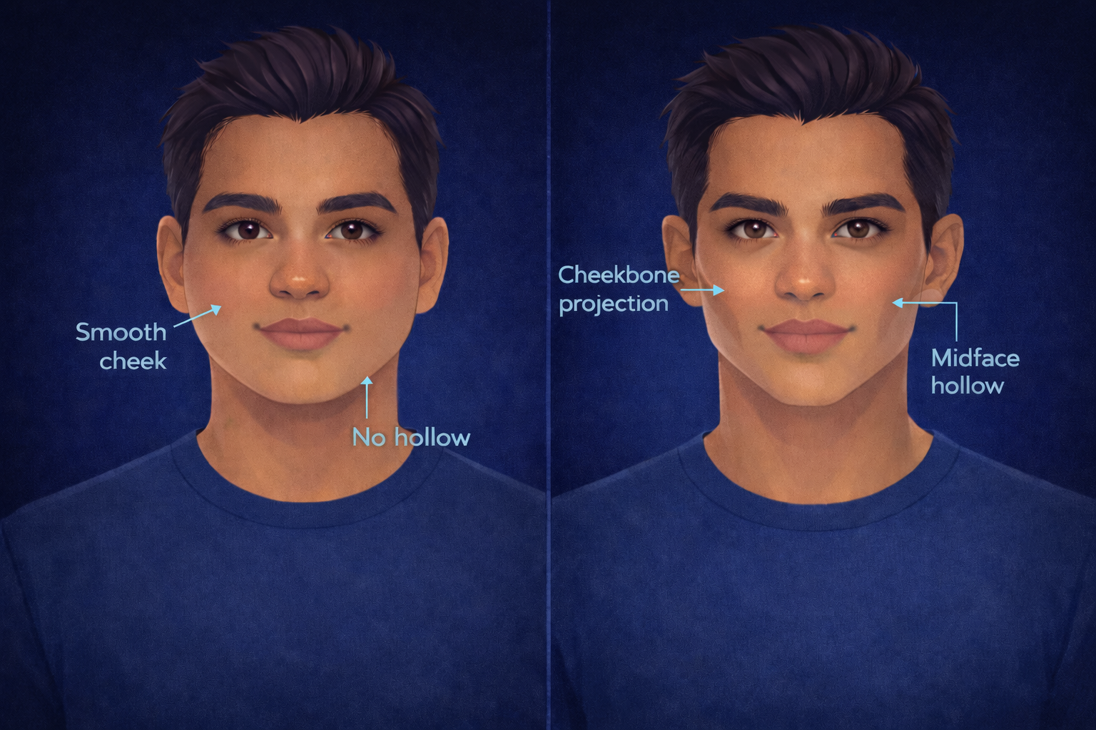 Comparison of flat vs defined cheekbones