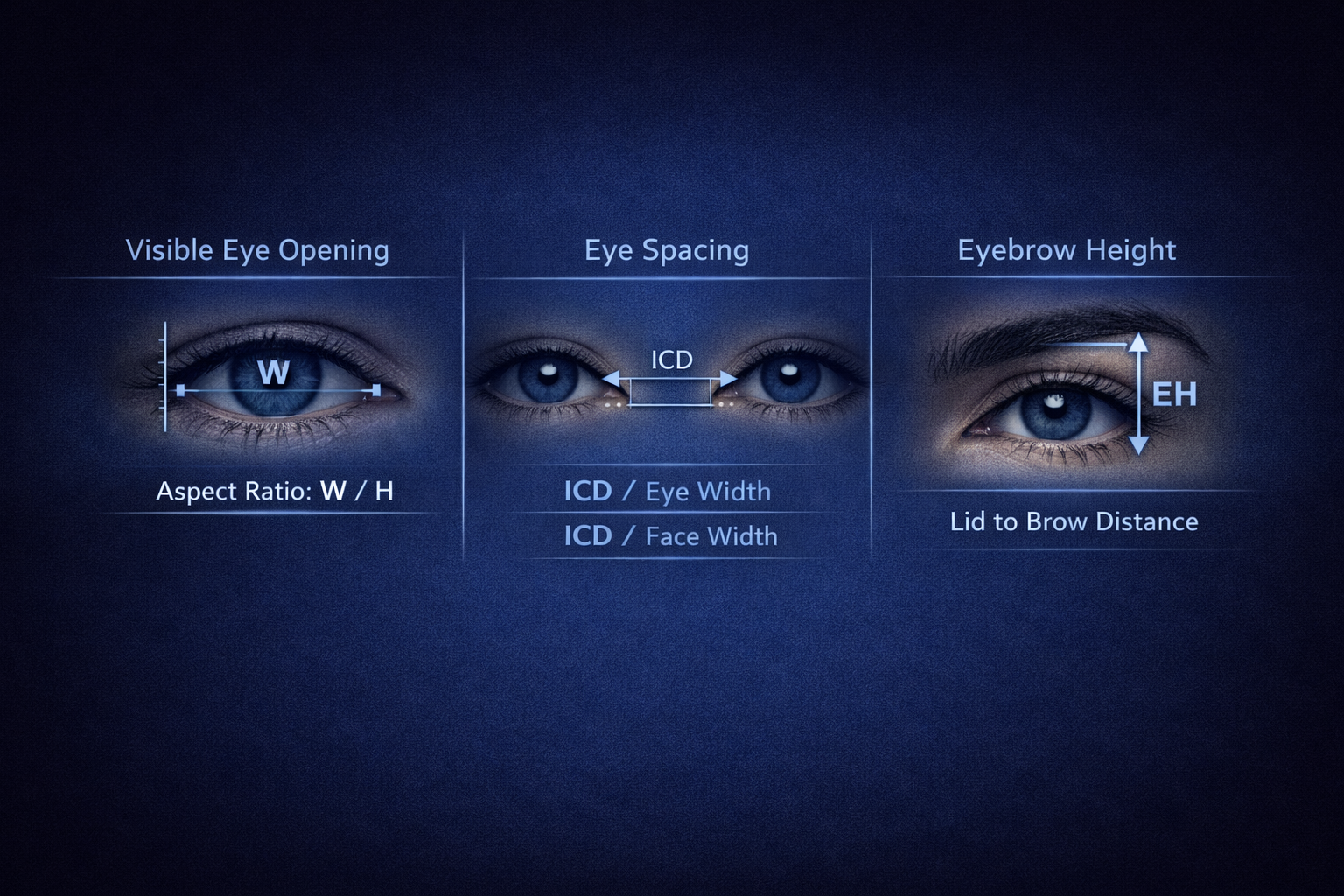Diagram labeling visible eye opening, eye spacing, and eyebrow height