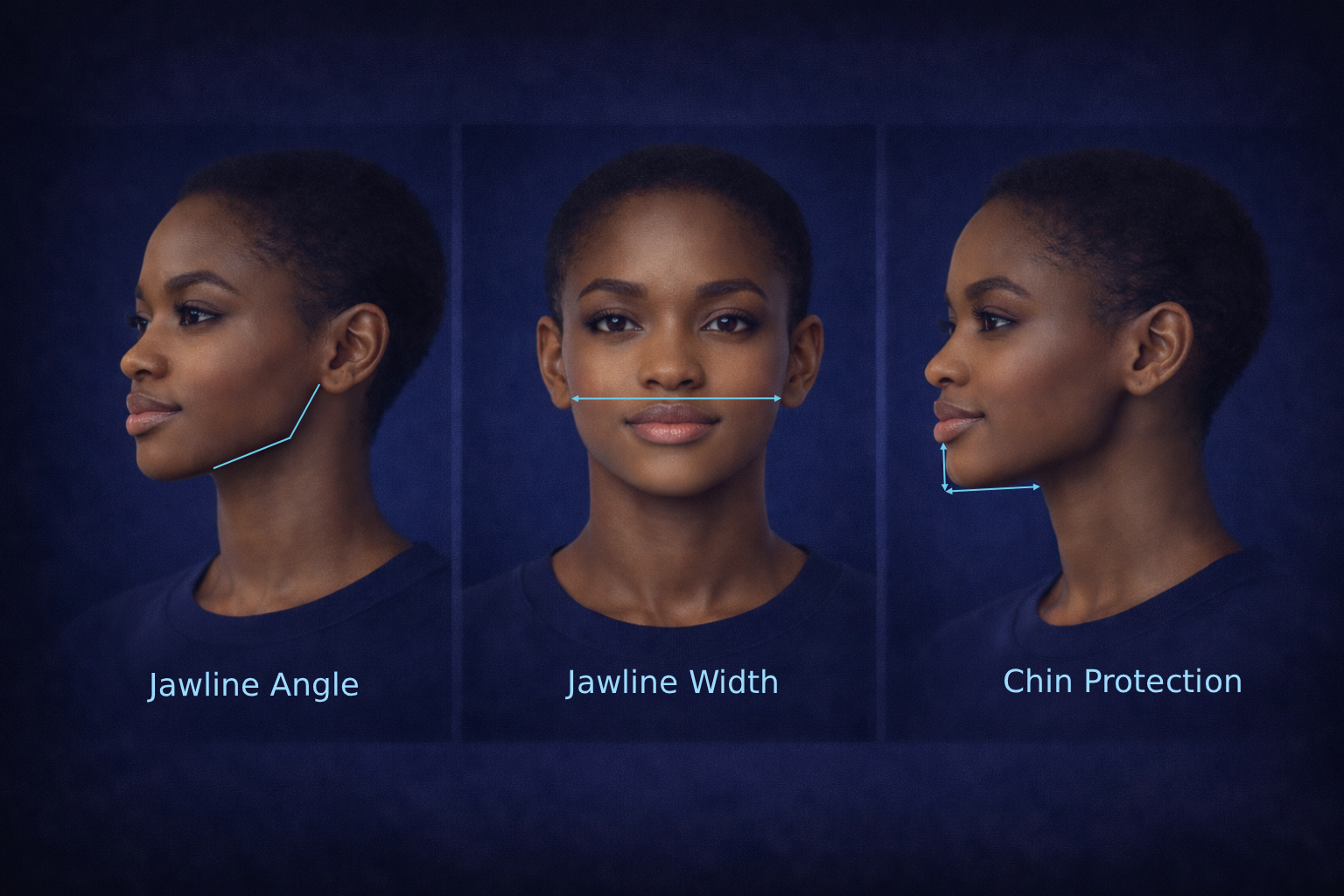 Jawline measurement diagram showing angle, width, and projection