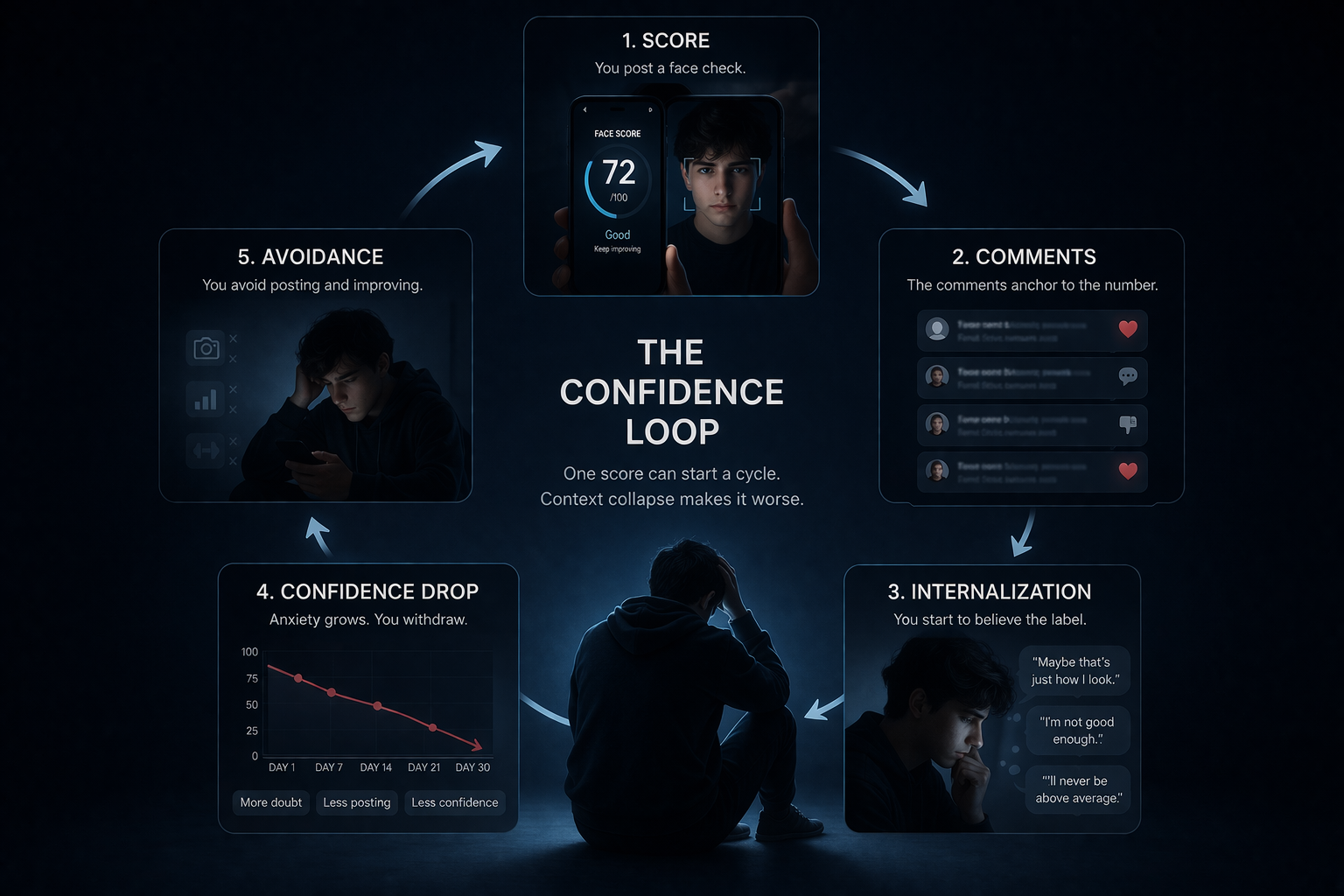 Flow diagram showing score posting, comment judgment, internalization, and confidence decline