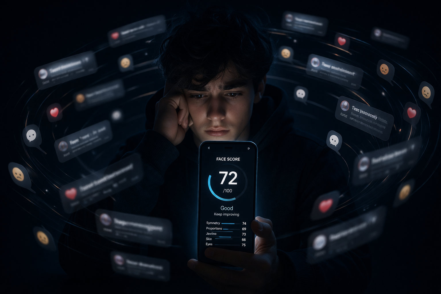 Person looking at a posted face score while negative comments appear on screen