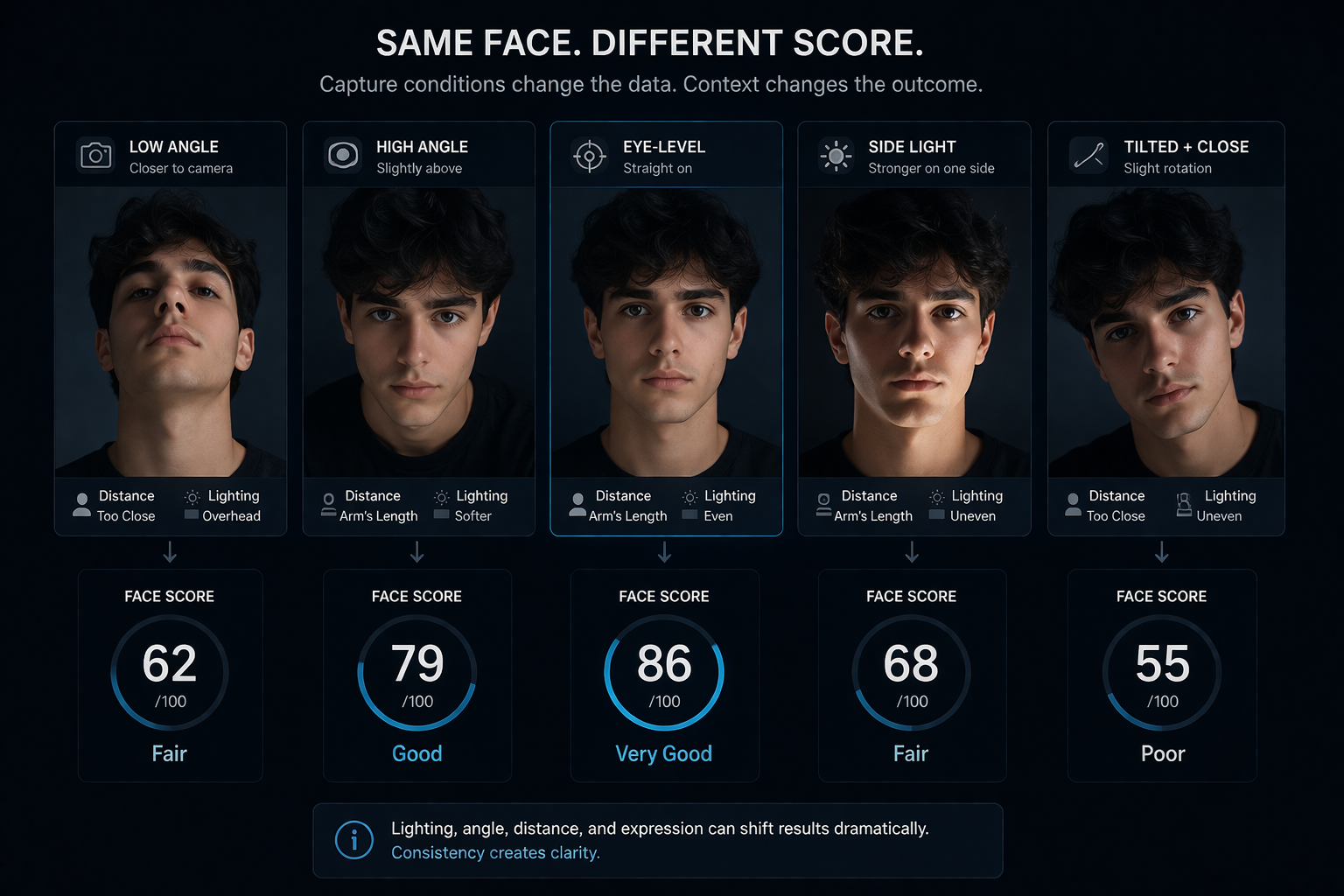 Side-by-side comparison of the same person under different angle and lighting conditions