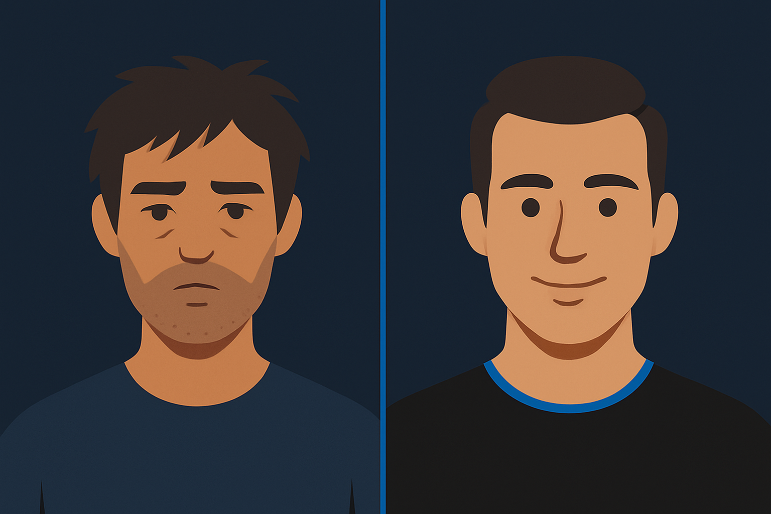Two portraits of the same person: left unoptimized, right optimized via grooming, lighting, posture, and expression.
