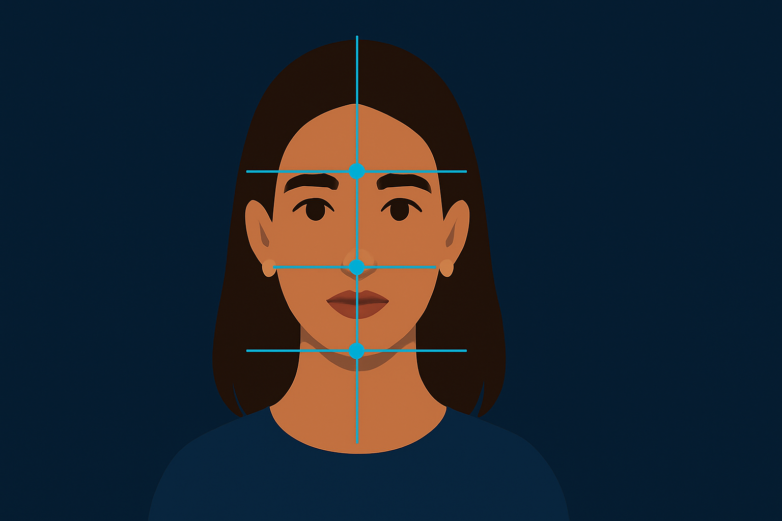Diagram of common facial metrics: facial thirds, symmetry line, and eye ratio used to guide styling decisions.